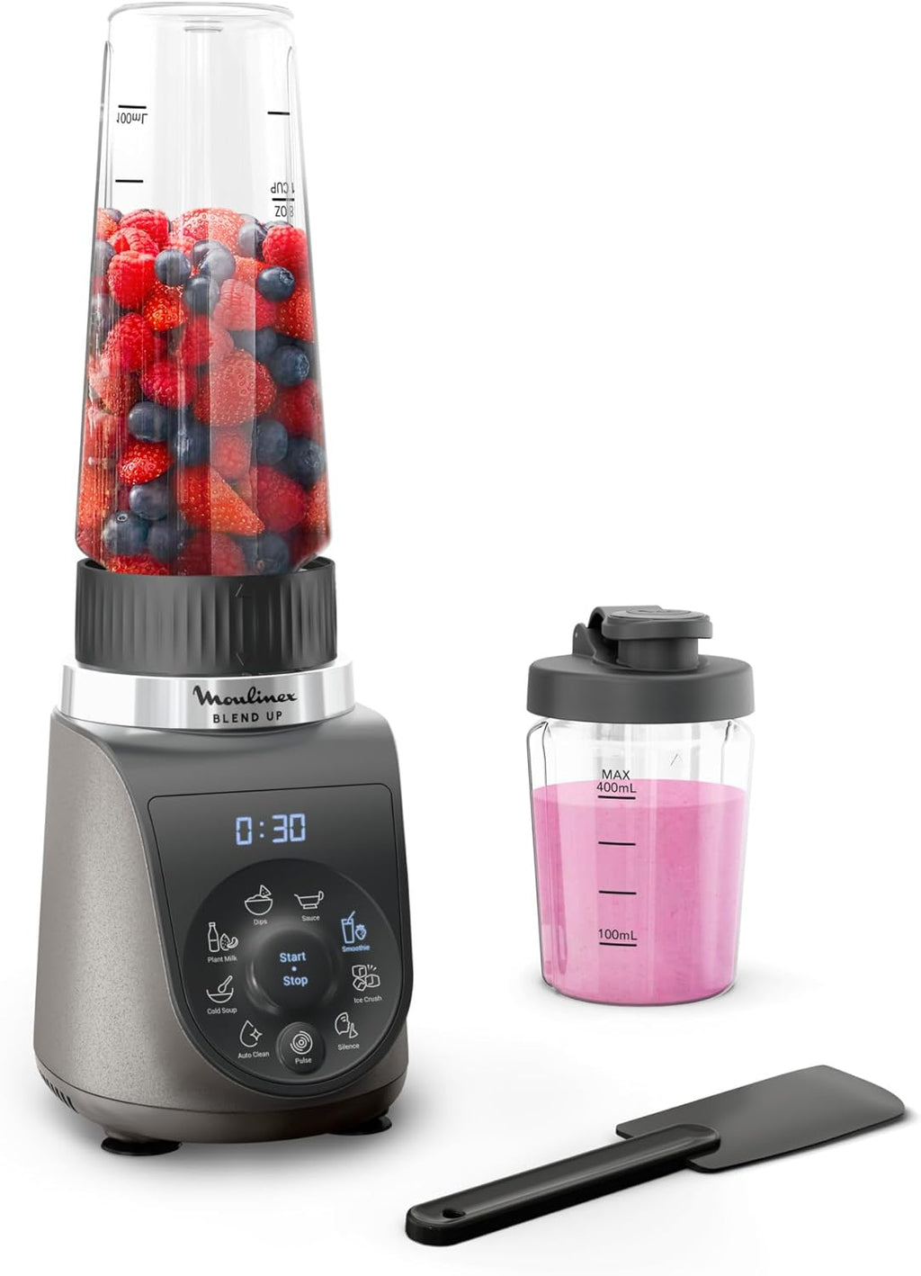 Moulinex Blend Up, Mini blender puissant, 1 000 W, 8 programmes automatiques, Glace pilée LM19H4F0, Gris Etain