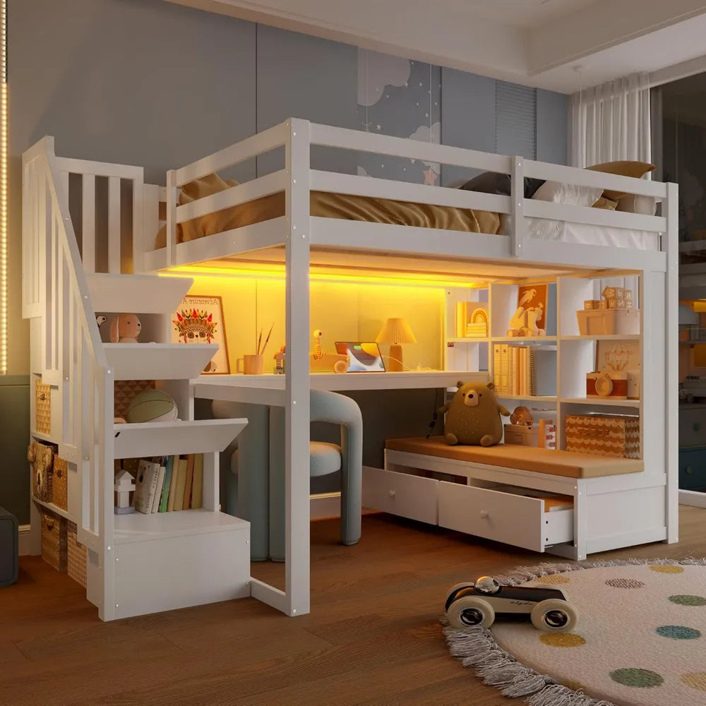 Lit Enfant Mezzanine 140x200 avec Bureau et Rangements, Cabane Ludique avec Escalier et Tiroirs, Sécurité en Bois, Blanc