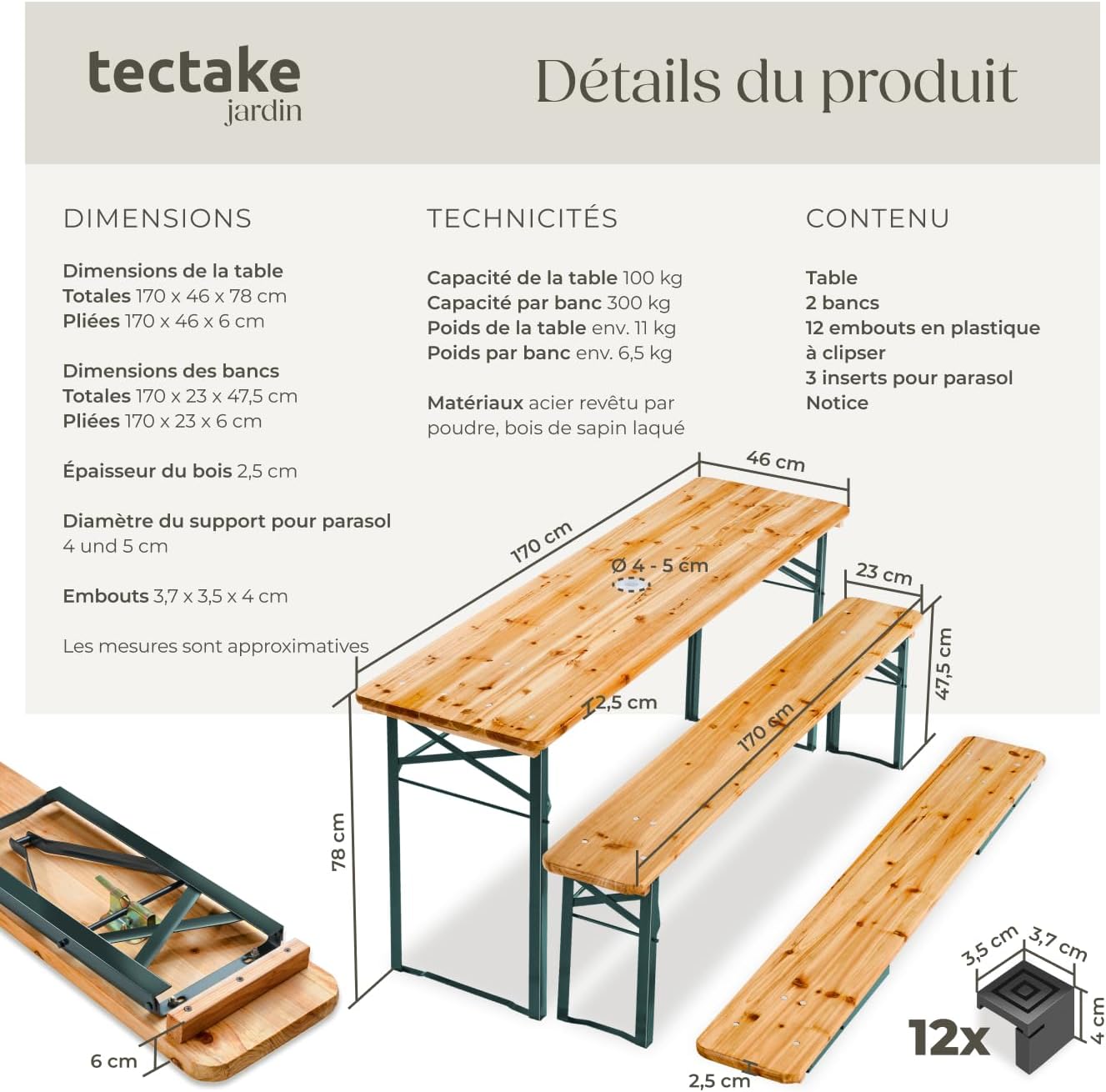 tectake® Ensemble de Table extérieure et Banc en Bois de Brasserie 3 pcs. Salon de Jardin Pliable & Peu encombrant, avec Support Parasol, Mobilier Solide pour Pique Nique Réceptions Barbecue Mariage