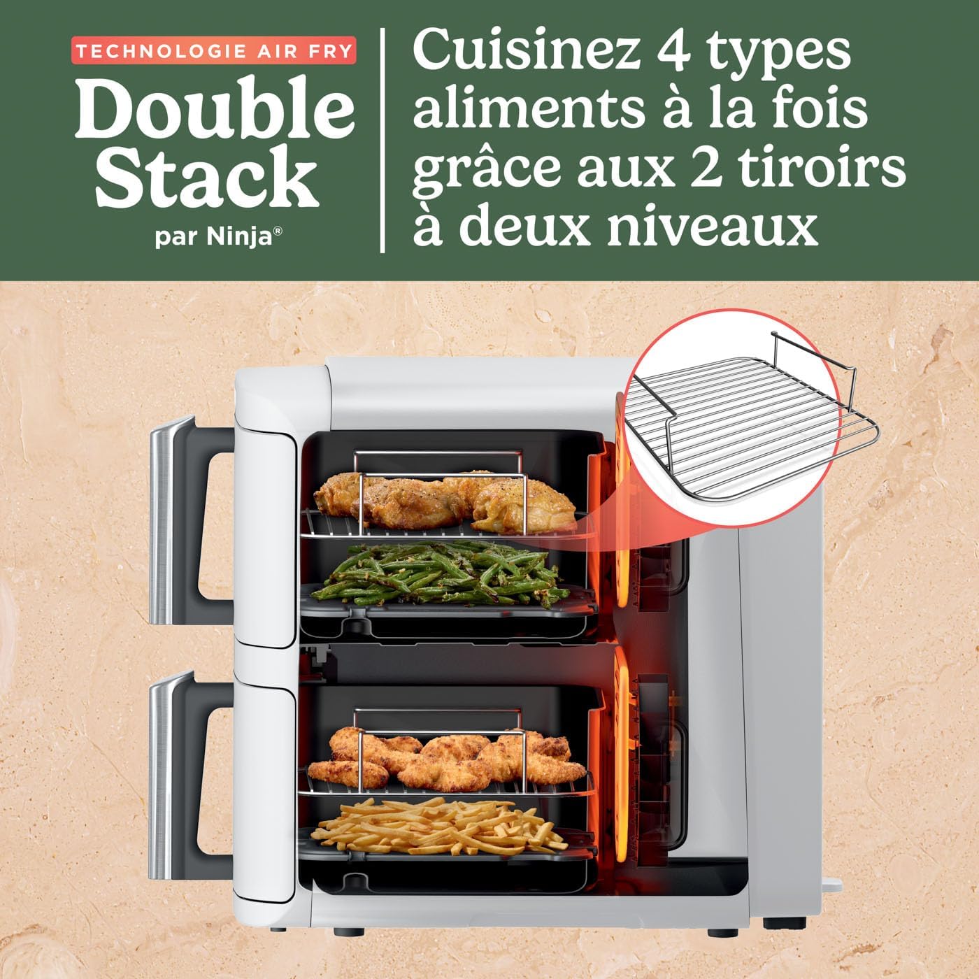 NINJA Double Stack XL Air Fryer, Friteuse sans huile Verticale Double Tiroir 4 Niveaux de Cuisson, 2 Tiroirs, 2 Grilles, Capacité de 9,5 L, 6 Fonctions, 8 Portions, Pinces, Blanc SL400EUWH