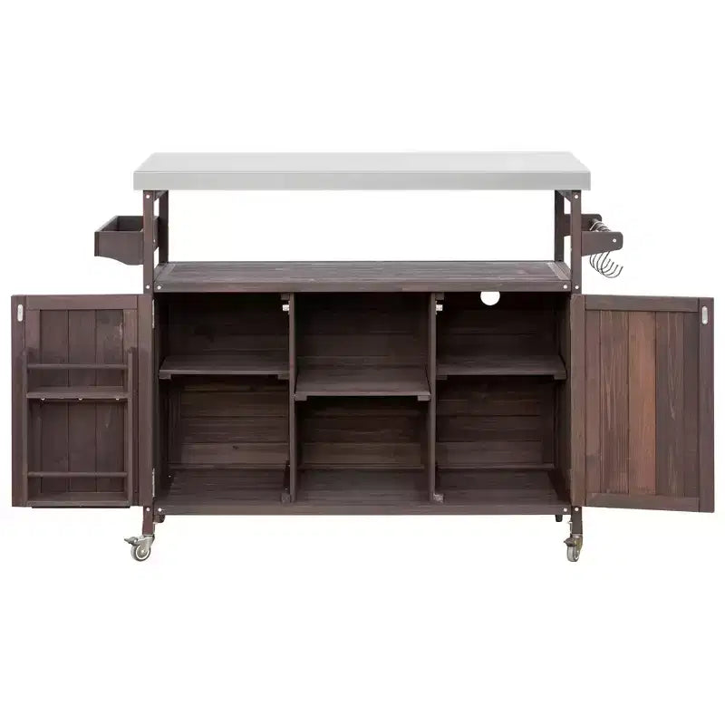 Okak Outdoor Kitchen Island with Stainless Steel Top, Wooden Kitchen Cart with Doors, Shelves and Spice Rack, Rolling Kitchen Island