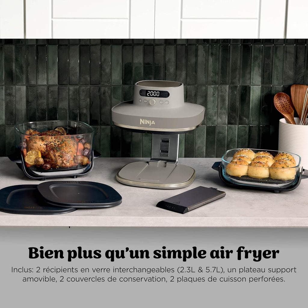 Ninja CRISPi PRO XL, Friteuse sans huile en verre, 5 modes de cuisson prédéfinis, avec contenants en verre CleanCrisp de 5,7 l et 2,3 l, couvercles de rangement, Stone/Or AS090EUSD