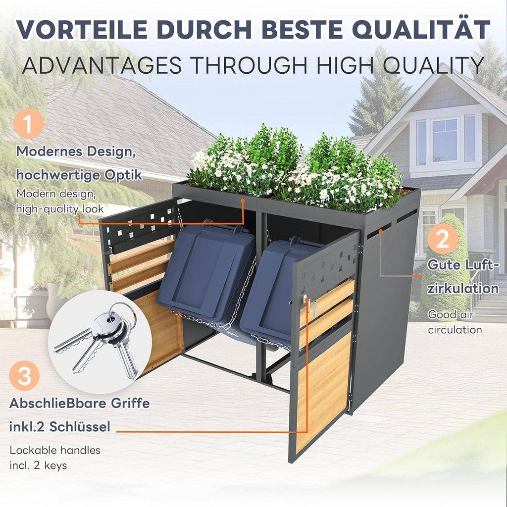 Billg Cache Poubelle Extérieur Double, Abri pour 2 Poubelles de 120-240 L, Antirouille Habillage de Poubelle avec Toit Végétal et 2 Portes avec Poignées Verrouillable, Acier Galvanisé, Anthracite