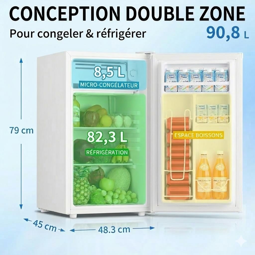 Mini réfrigérateur 90,8 L avec congélateur à porte simple, thermostat à 7 réglages. Économe en énergie et silencieux, modèle compact idéal for bureau, chambre et dortoir, couleur blanche