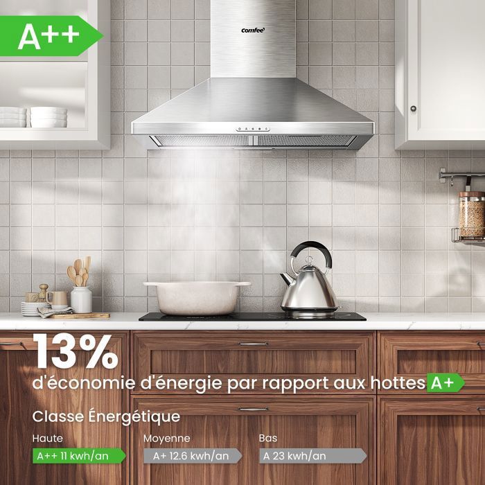 Hotte Aspirante 60cm Comfee - 400 m³/h - Classe A++ - 2 Filtres à Charbon - 3 Vitesses - Recyclage & Évacuation - LED lampe - Inox