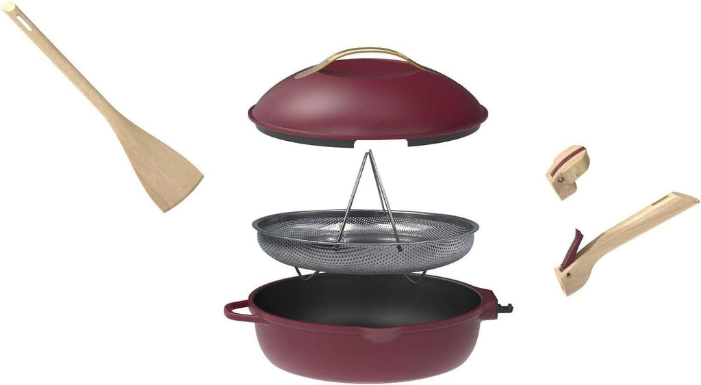 COOKUT - La Fabuleuse poêle 8 en 1 - "PETIT MODELE 24 cm" – Un seul ustensile qui remplace poêle, casserole, sauteuse - 2 poignées amovibles, panier vapeur/friture, spatule en bois - RUBIS