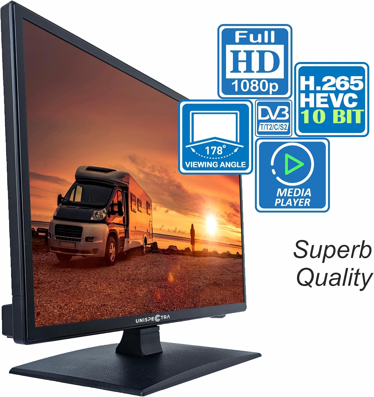 Unispectra WebOS Smart TV 22" 12 V ELED Full HD 240 V TV Freeview & SAT Tuner 3 x HDMI, 2 x USB, Magic Remote. Téléviseurs pour camping-cars, caravanes, camions et camionnettes
