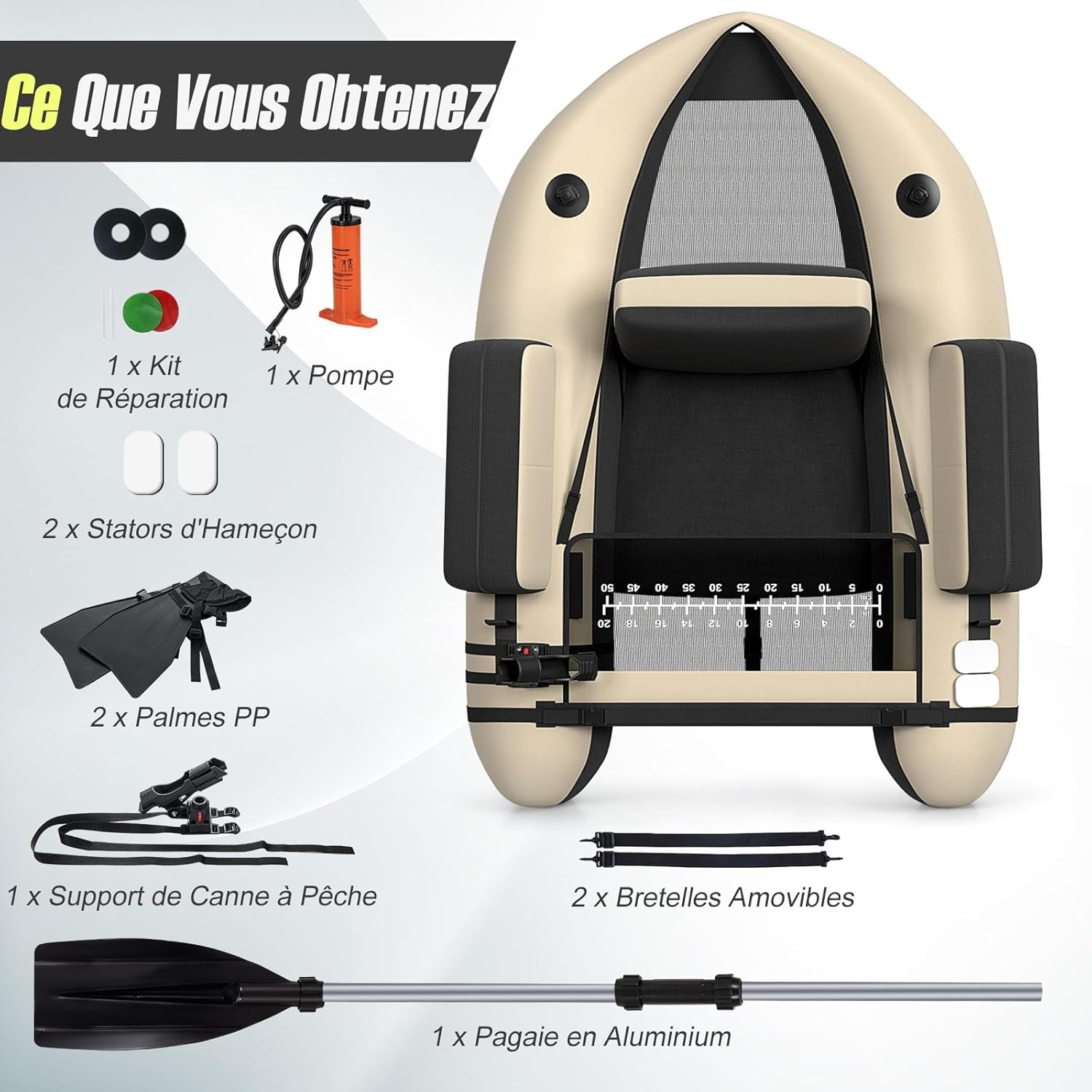 GYMAX Bateau Pêche Gonflable Portable, avec Pagaie, Règle à Poisson, Porte-Canne, Palmes, Pompe, Poches de Rangement, Tansport Pratique avec Bandoulières