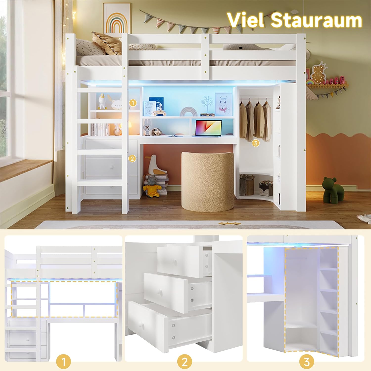 Lit Mezzanine 90x200 cm, Lit Superposé Enfant et Adulte avec Bureau, Lumières LED, Armoire, Échelle, 4 Tiroirs et Rangements, Blanc et Bois lit Mezzanine (90x200 cm)