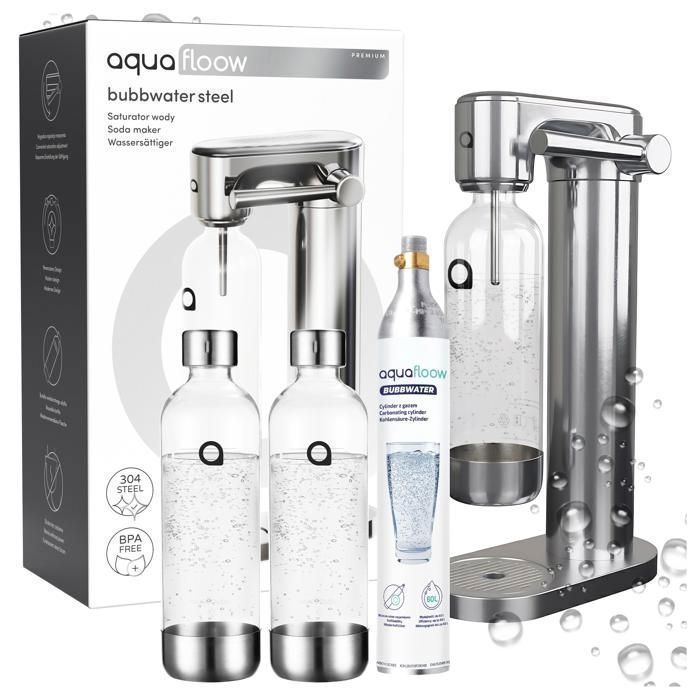Aquafloow Machine à soda eau pétillante – acier – 3 bouteilles de 0,8 l – cylindre CO₂ inclus - Réglage d'intensité des bulles