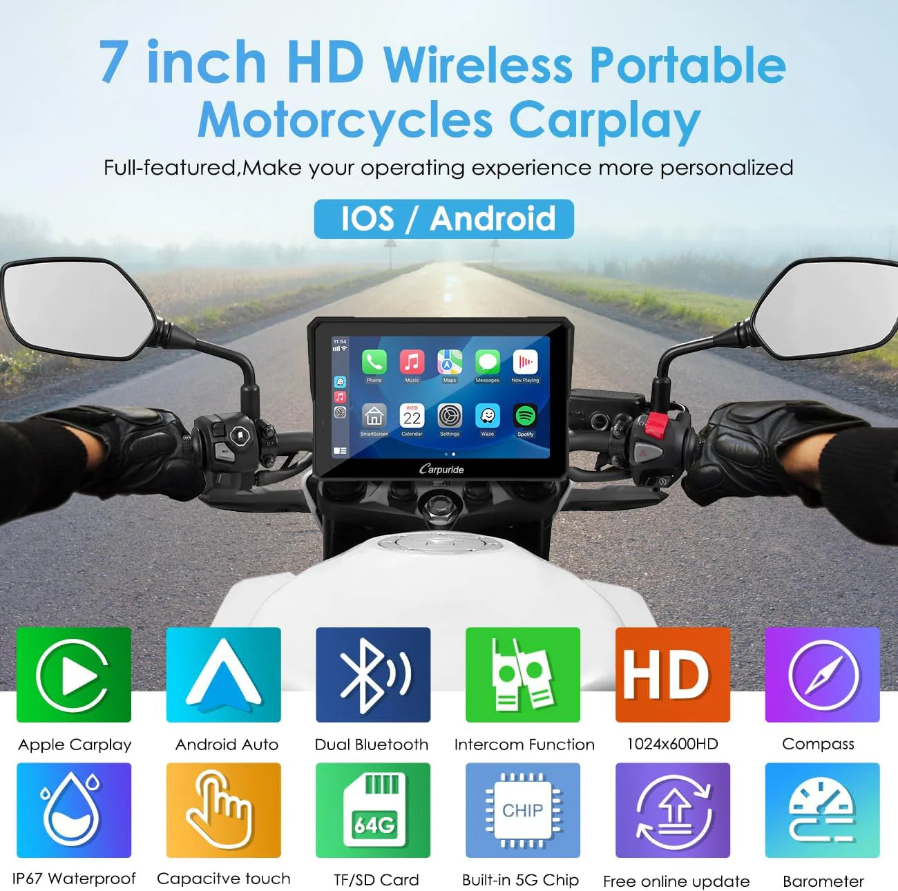 Carpuride W702 Pro écran moto étanche 7", CarPlay/Android Auto, Bluetooth
