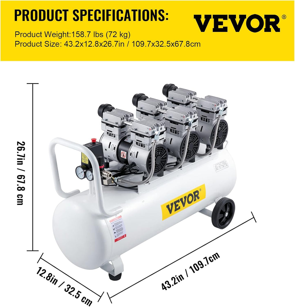 VEVOR Compresseur d’Air sans Huile Compresseur Silencieux à Air Comprimé Compresseur Outil d’Atelier pour Réparations Domiciliaires, Gonflage de Pneus (100L 2.2KW, Électrovanne)