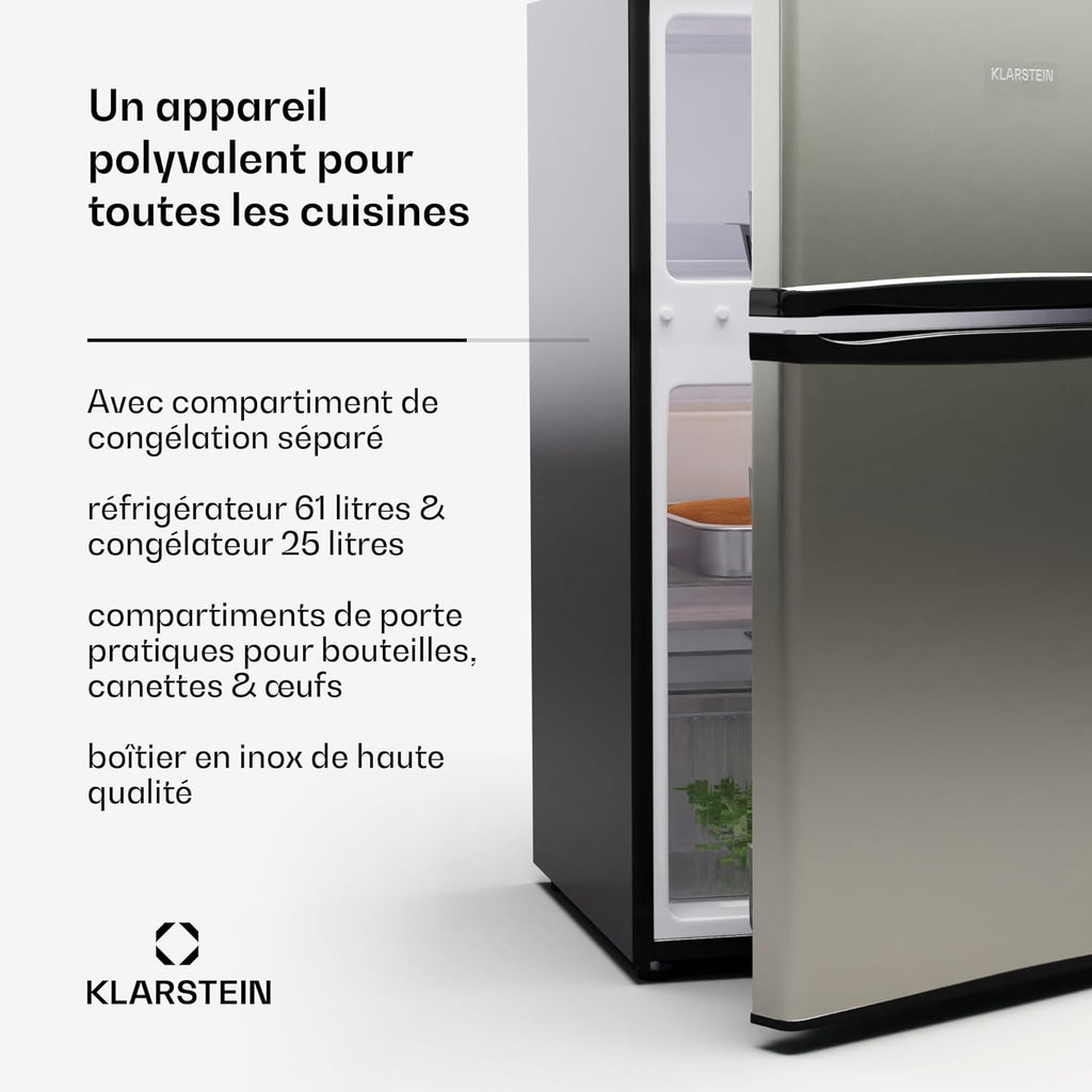 KLARSTEIN Big Daddy Cool - Frigo réfrigérateur, réfrigérateur combiné, Compartiment bouteilles, Bac légumes, Eclairage intérieur, Look moderne, Nettoyage facile, Pieds réglables, 86 L - Argent