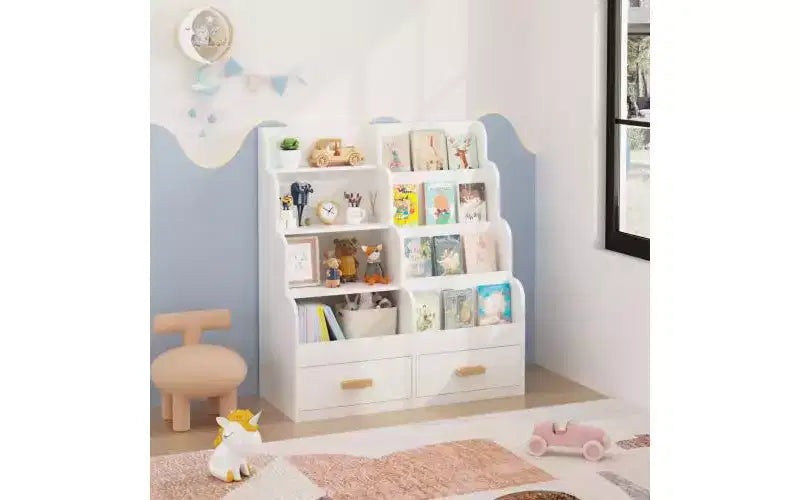 Étagère à livres pour enfants avec 2 tiroirs de rangement, bibliothèque frontale et organisateur de jouets, blanc