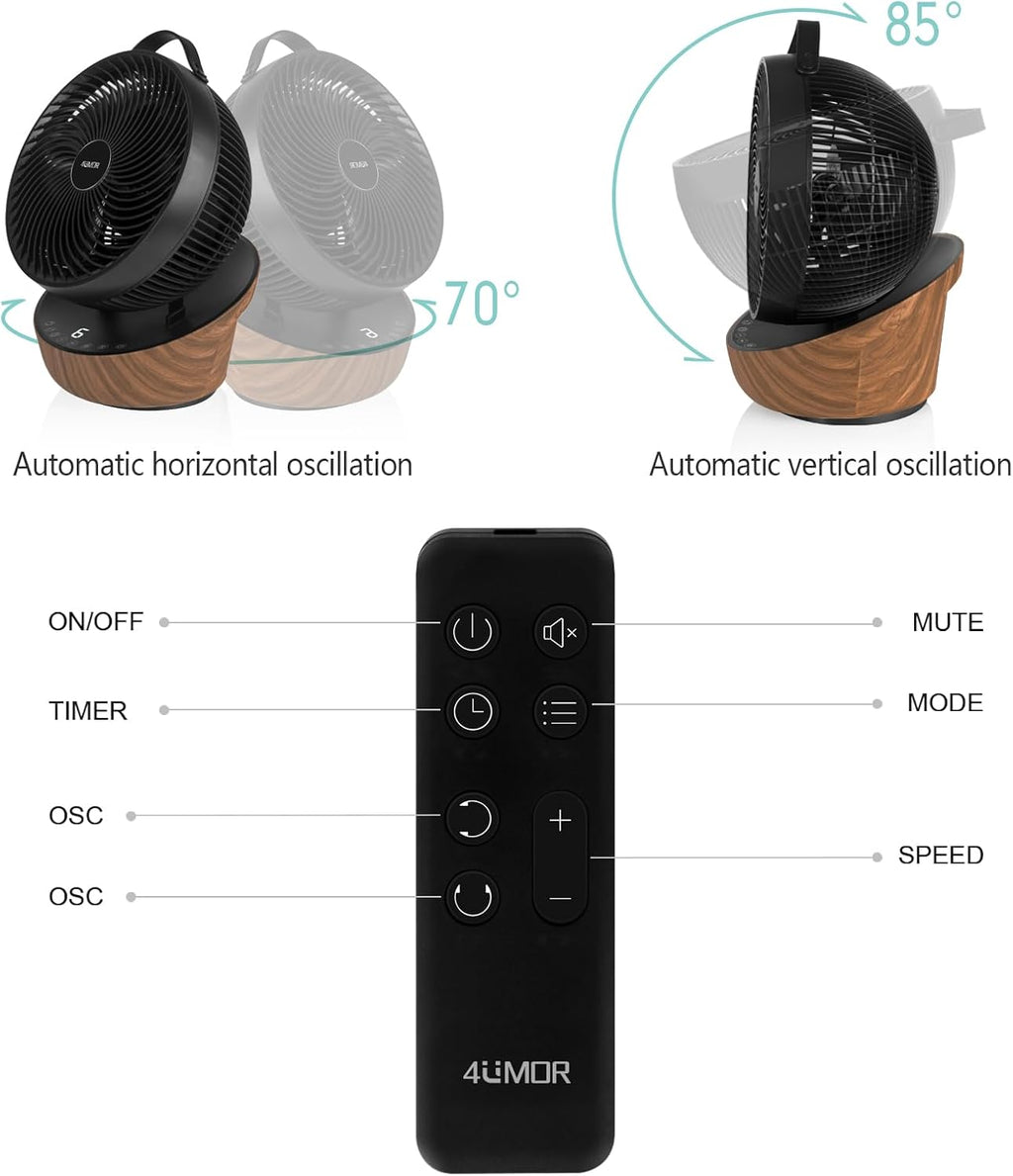 4UMOR Ventilateur Ultra Silencieux 20dB avec Télécommande 1823m³/h Moteur DC 12 Vitesses 8h Minuterie 3D Oscillation Turbo Ventilateur de Table Circulateur d'Air pour Bureau Chambre, Noir