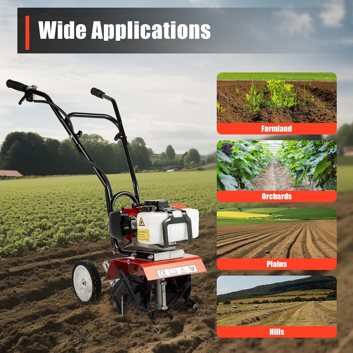 Rotavator de jardin 52 cc - Moteur à 2 temps - Désherbage portable - Cultivateur de motobineuse - Pour labourer, agriculter, arracher les sillons, désherber