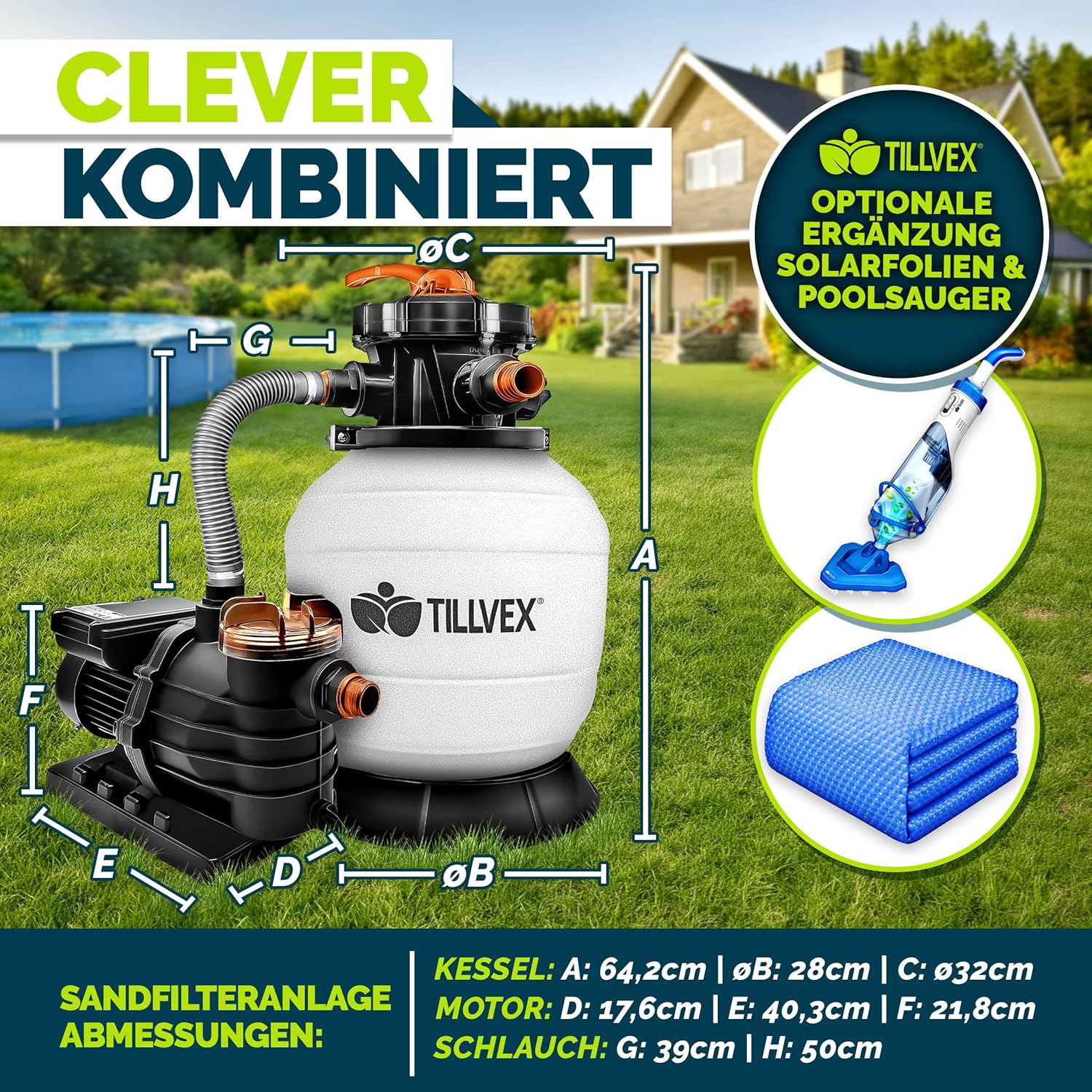 tillvex Système de Filtre à Sable 10 m³/h + 800g Boules de filtre – 7 Fonctions de Filtration | Filtre de Piscine avec indicateur de pression | Filtre à sable pour les bassins aquatiques & piscines