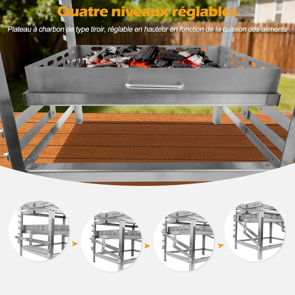 Ergocar Barbecue à Charbon Bois d'Extérieur Multifonctionnel Et Portable Rotatif Avec Plateau à Charbon Réglable à 4 Niveaux Idéal Pour Pique-Niquer Camper Et Faire Des Grillades En Plein Air