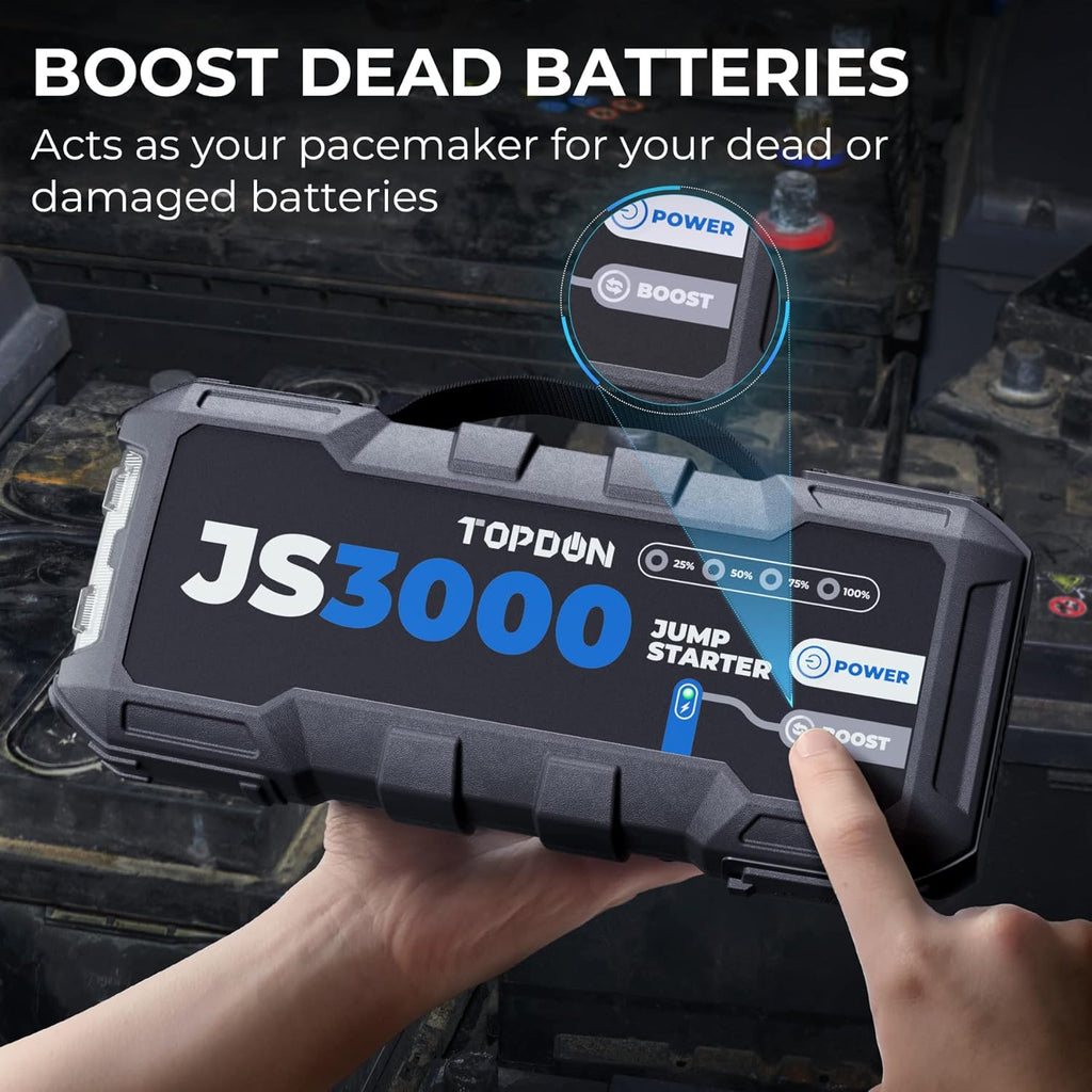 TOPDON Booster Batterie, JS3000 Demarreur Batterie Voiture 3000A/24000mAh Jump Starter Moteurs Diesel Jusqu'à 9 L et 7 L, Charge Rapide USB Lampe Poche LED intégrée