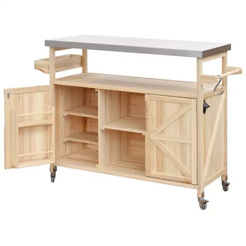 Okak Outdoor Kitchen Island with Stainless Steel Top, Wooden Kitchen Cart with Doors, Shelves and Spice Rack, Rolling Kitchen Island