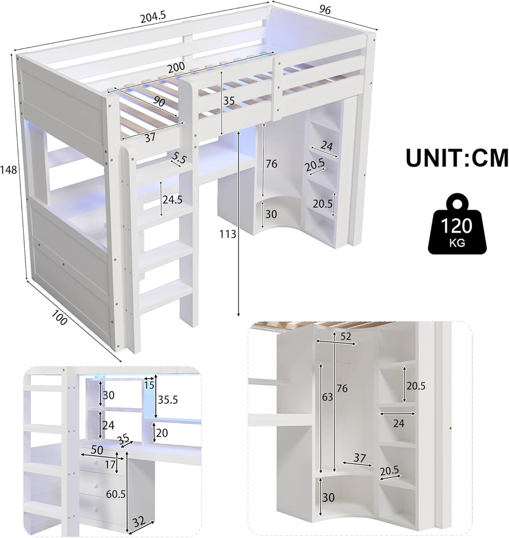 Lit Mezzanine 90x200 cm, Lit Superposé Enfant et Adulte avec Bureau, Lumières LED, Armoire, Échelle, 4 Tiroirs et Rangements, Blanc et Bois lit Mezzanine (90x200 cm)
