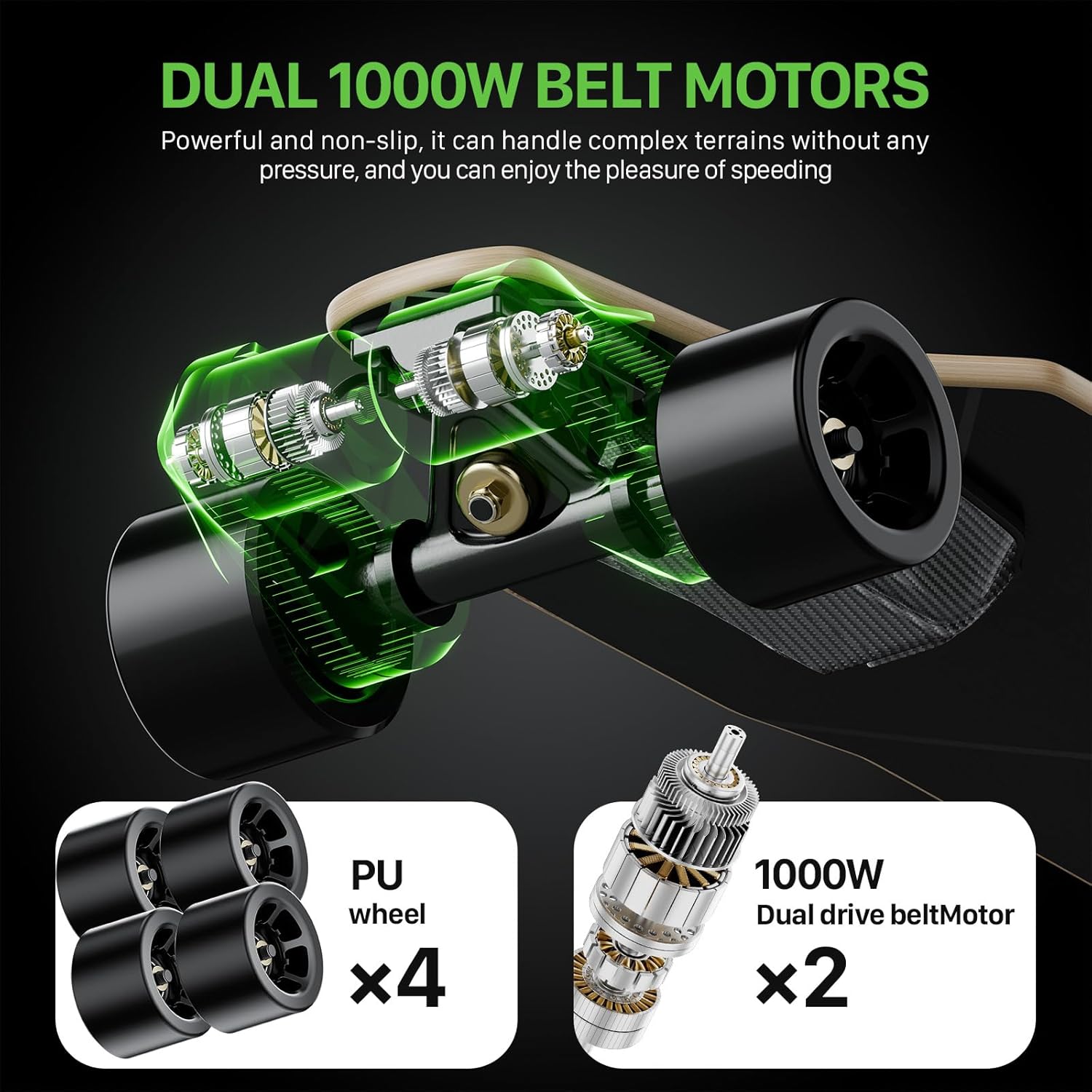 Qekud Skateboard électrique pour adultes et adolescents - Moteur 1800 W 4 modes de vitesse - Télécommande avec OLED avec écran - Noir