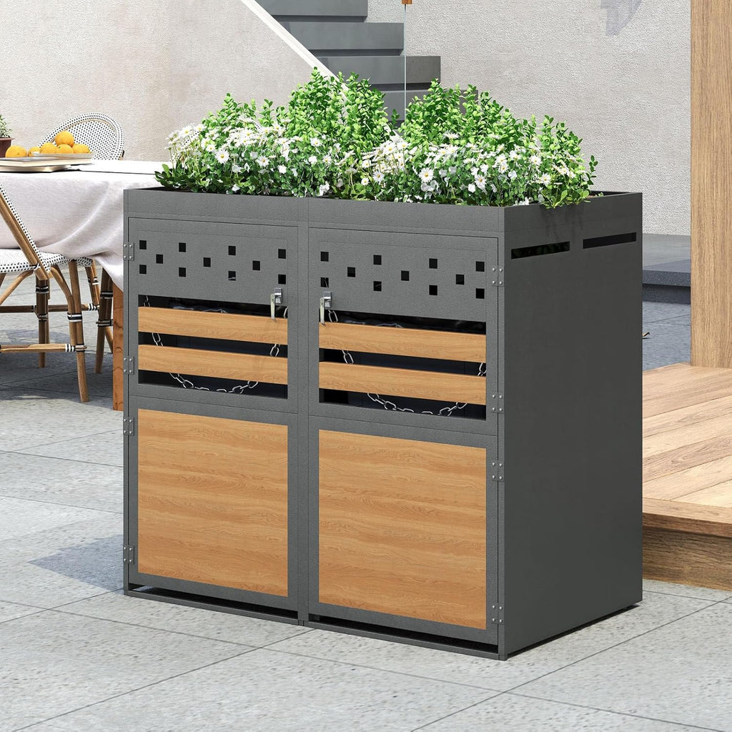 Billg Cache Poubelle Extérieur Double, Abri pour 2 Poubelles de 120-240 L, Antirouille Habillage de Poubelle avec Toit Végétal et 2 Portes avec Poignées Verrouillable, Acier Galvanisé, Anthracite