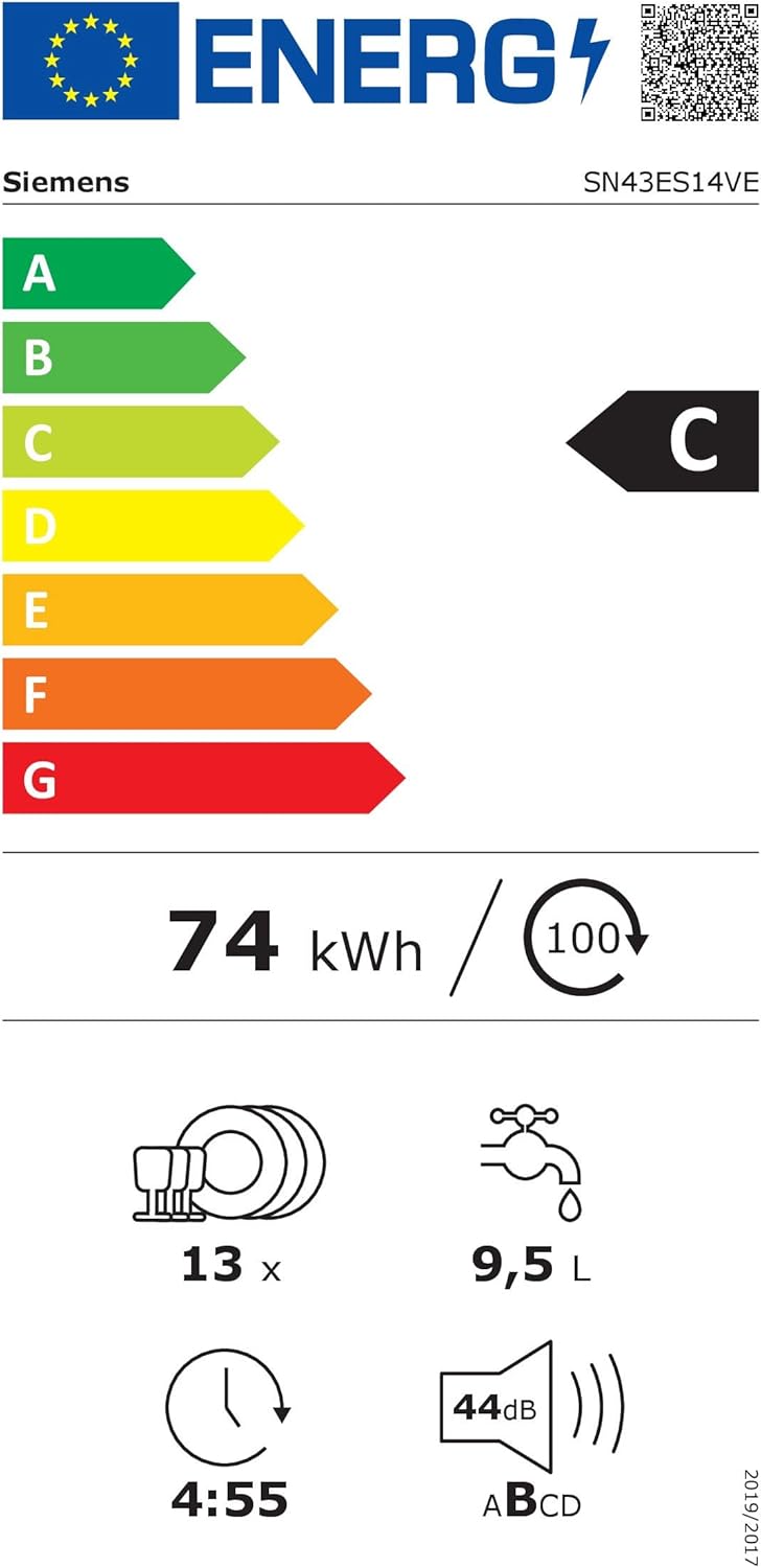 Siemens SN43ES14VE, iQ300 Lave-vaisselle intelligent, lave-vaisselle sous meuble avec tiroir à couverts, 60 cm, ouverture automatique de la porte grâce à AutoOpen dry, particulièrement silencieux avec