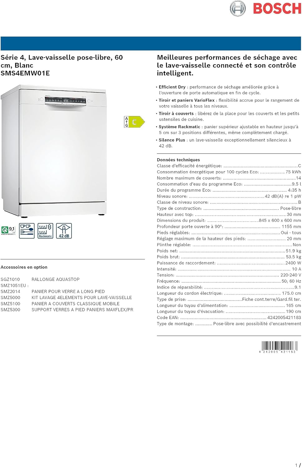Bosch SMS4EMW01E - Série 4 - Lave-vaisselle Pose-libre - 60 cm - 14 couverts - Silence Plus 42 dB - Blanc
