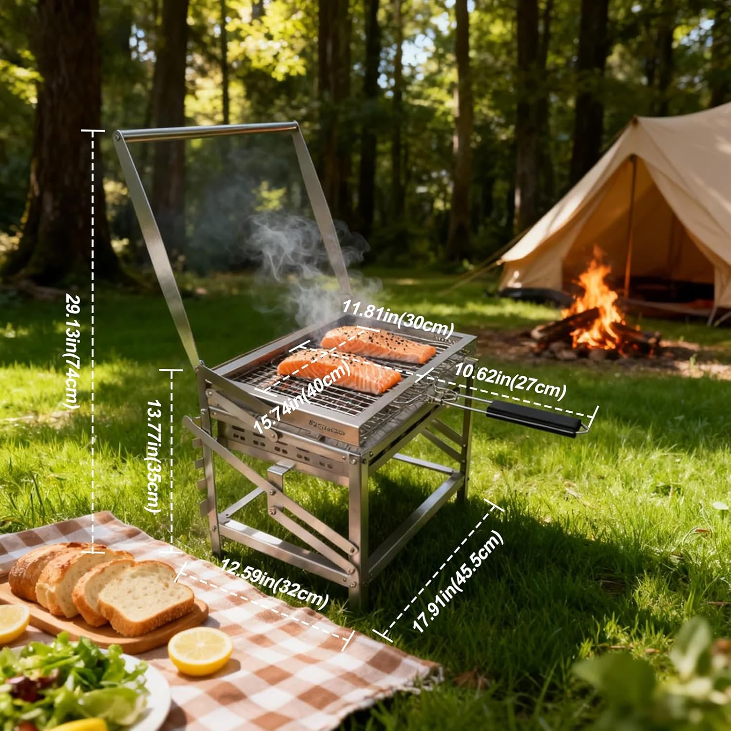 Ergocar Barbecue à Charbon Bois d'Extérieur Multifonctionnel Et Portable Rotatif Avec Plateau à Charbon Réglable à 4 Niveaux Idéal Pour Pique-Niquer Camper Et Faire Des Grillades En Plein Air