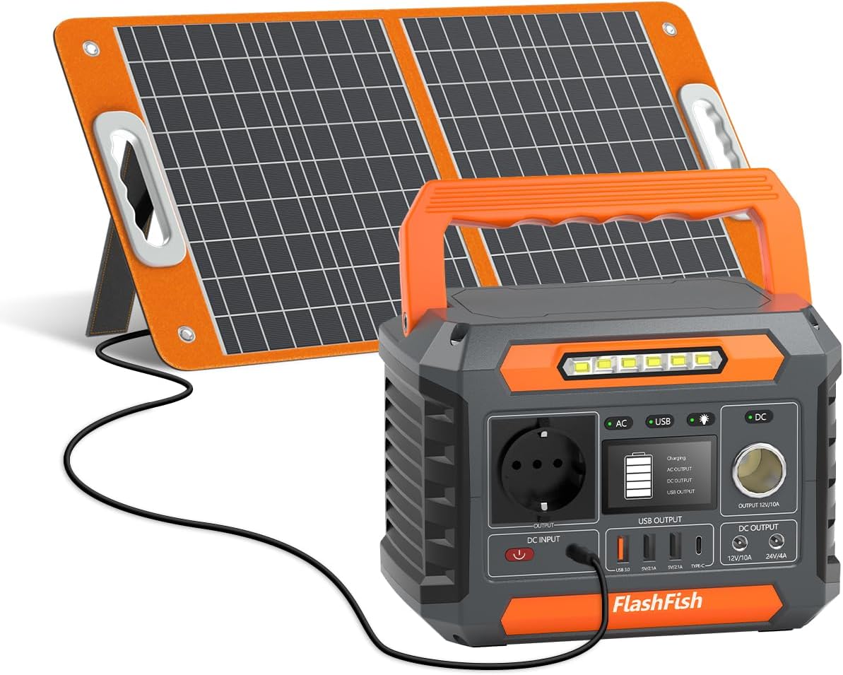 FlashFish 230,88 Wh Generateur Électrique Avec Panneau Solaire 60W, Générateur Solaire Portable 300W Avec 230V AC/DC/USB/type C/lumières LED -Batterie de Secours Pour camping, voyages et Urgences
