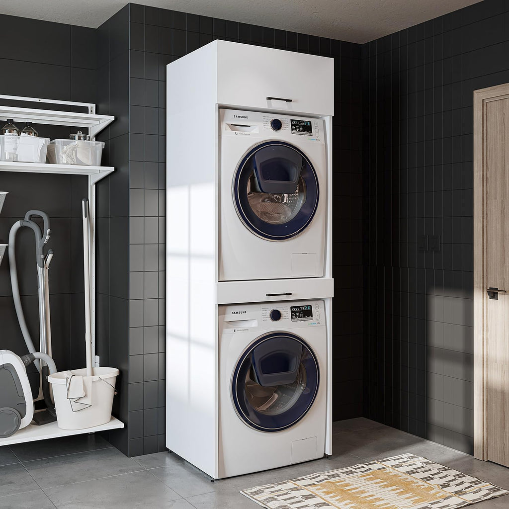 • Armoire de machine à laver pour sèche-linge et machine à laver • Avec planche coulissante • Blanc • Chêne noir • Armoire superposée (blanc, avec armoire pliante de 22 cm)