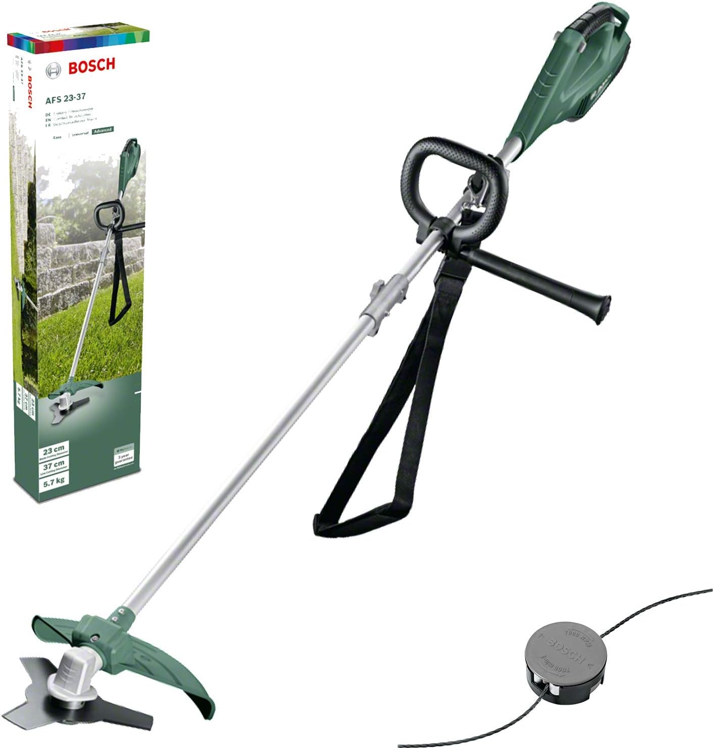 Bosch débroussailleuse AFS 23-37 (Lame à 3 Dents, Bobine pour Fil de Coupe, 3 Fils de Coupe, poignée supplémentaire, Capot de Protection, Carton, 1000 W)