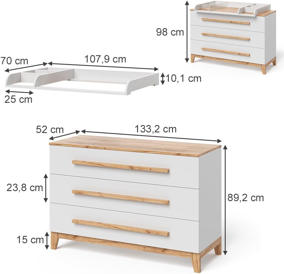Table à Langer Malia, Blanc/Artisan, 133.2x98cm avec 3 tiroirs