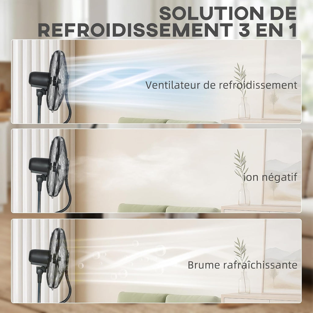 HOMCOM Ventilateur brumisateur 100 W à ionisation négative, ventilateur sur pied 130 cm, oscillation à 120°, 3 vitesses, 3 modes, réservoir d'eau 1,5 L, télécommande, minuterie 9h, roulettes, noir