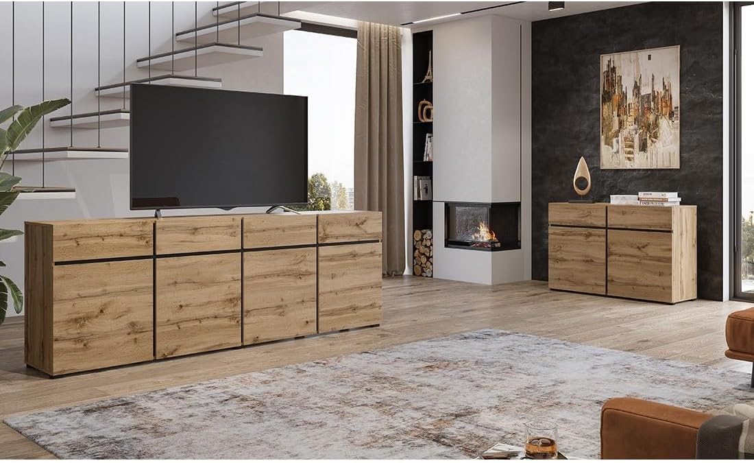 Buffet XL couleur chêne et noir 225 cm, collection Havana. Buffet moderne avec 4 portes et 4 tiroirs.