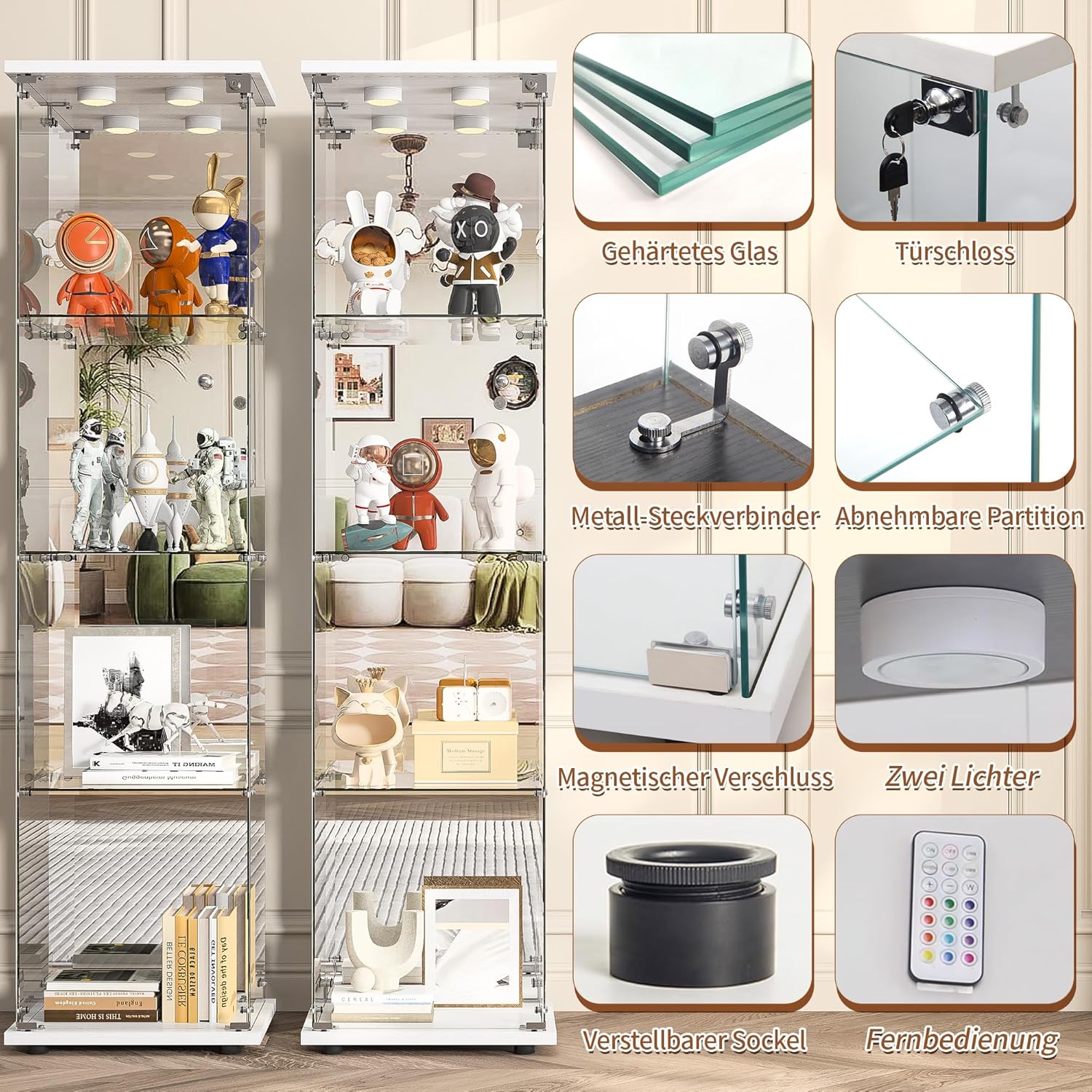 Vitrine sur pied en verre à 4 couches - 1 porte - Lampe LED et serrure avec paroi arrière miroir - Armoire de salon pour objets de collection et livres - Blanc