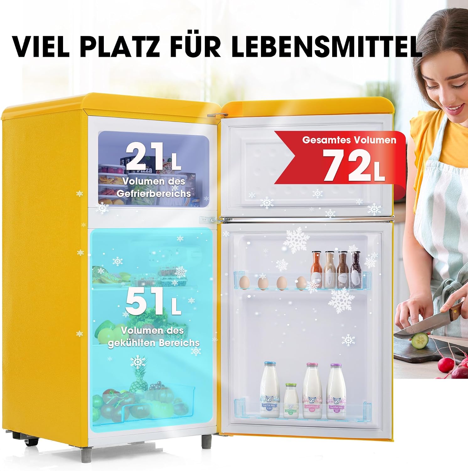 Réfrigérateur-congélateur Style rétro, Deux Portes, capacité Totale de 72 litres, Compartiment congélateur de 21 litres, consommation énergétique de 120 kWh/an, éclairage LED Yellow