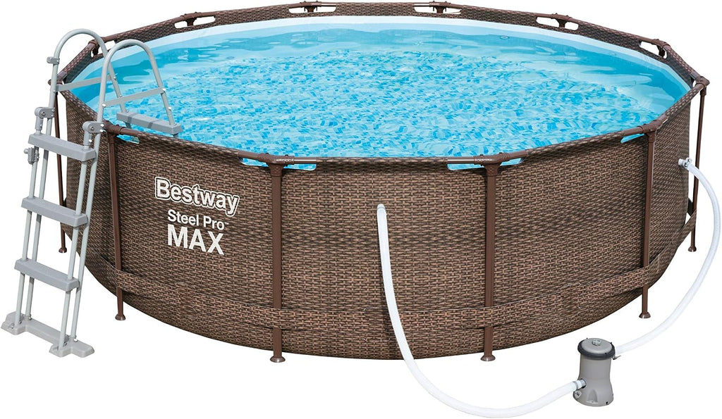 Bestway 56709 Piscine Hors Sol Power Steel™ Effet Rotin Diamètre 366 X 100 cm, Filtre à Cartouche, Échelle