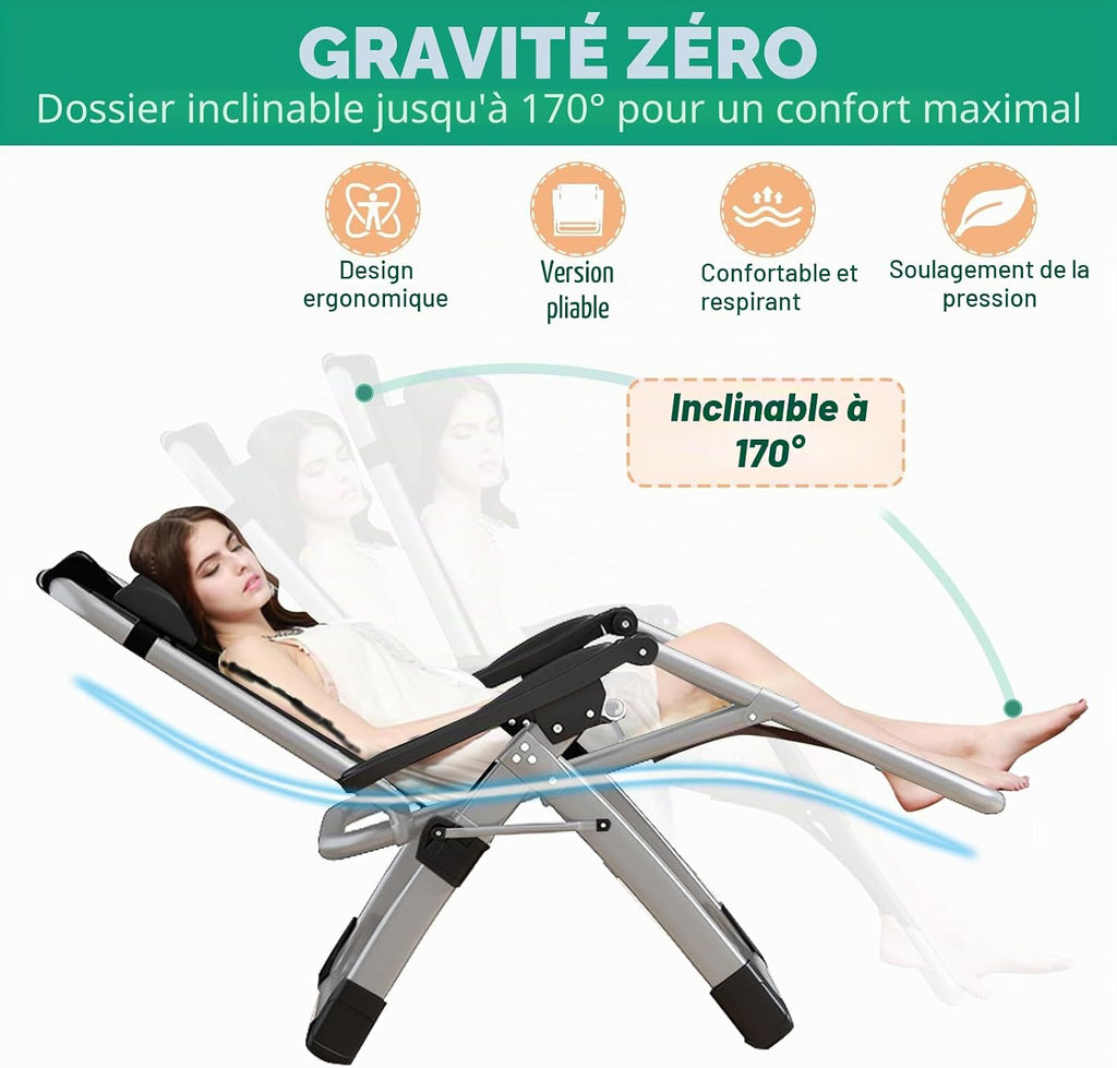 Chaise longue pliante, charge maximale de 200 kg, Zero Gravity Chair avec coussin, support pour gobelet, chaise longue de jardin réglable extra large pour terrasse, jardin, plage, piscine