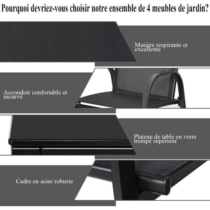 COSTWAY Ensemble Salon de Jardin 4 Places, 2 Fauteuils, 1 Canapé et 1 Table Basse en Verre, Tissu Respirant Anti-UV, Noir