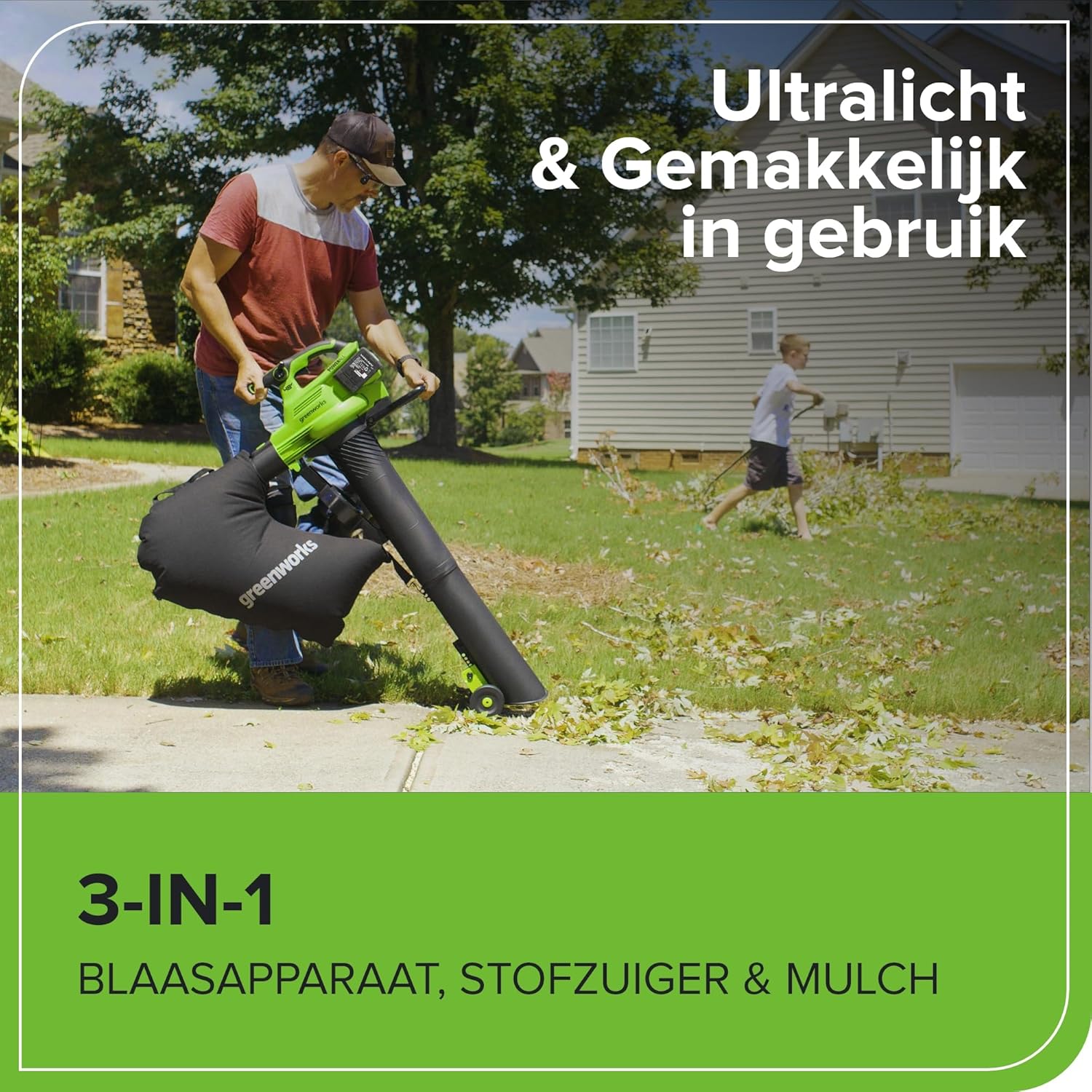 Greenworks 48V(24V x 2) Aspirateur Souffleur Sans fil de Feuilles à Batterie Bandoulière, Moteur Sans Balais, 386km/h, 14.73m³/min,Sac Mulching 45L, 2 Batteries 4Ah,Chargeur,Garantie 3 Ans BL48L421-01