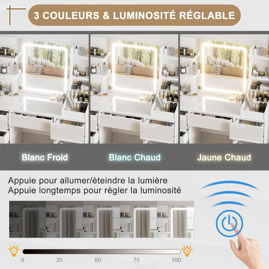 TRIUMPHKEY Coiffeuse Moderne Blanc Haute Brillance, Miroir LED à Lumière Réglable, Grand Espace de Rangement,Table de Maquillage avec 7 Tiroirs, 3 Compartiments, 4 Étagères Ouvertes