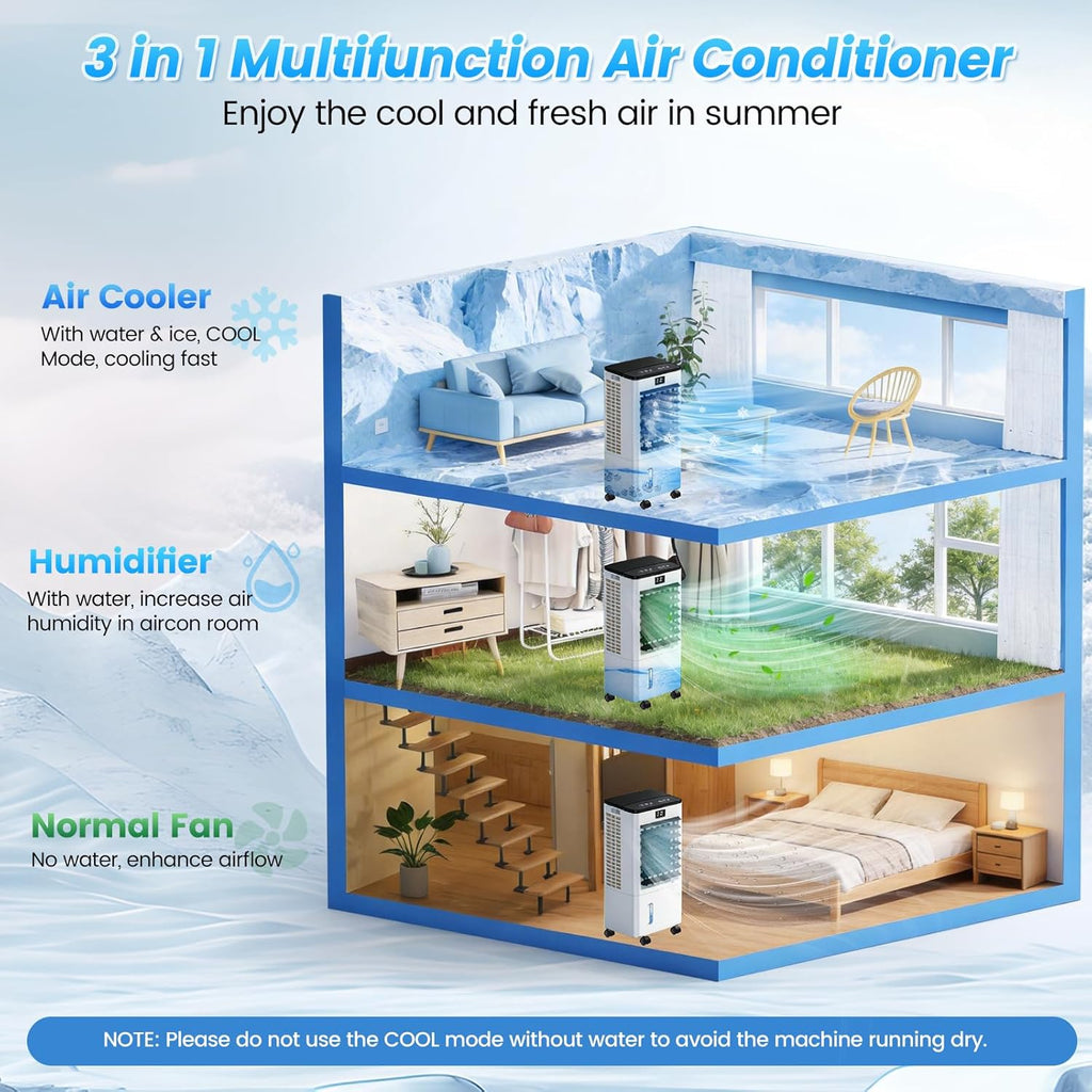Climatiseur Mobile Silencieux, 8L Refroidisseur d'air 3 IN 1 Climatiseur Portable Ventilateur Humidificateur, 12H Minuterie, 3 Vitesses, Télécommande, Économie d'énergie pour Chambre Maison Bureau