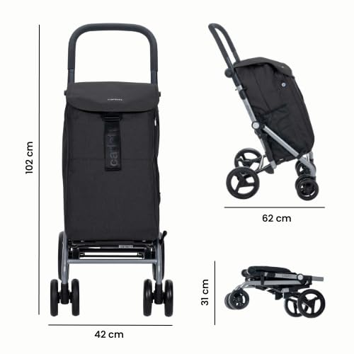 Carlett Chariot de Courses 4 Roues Pliable, Sac Amovible Grande Capacité 53L / 15kg et Sac Isotherme 10L, Poignée Réglable, Frein de Sécurité, Convertible en 2 Roues, Classic Duo, Blanc