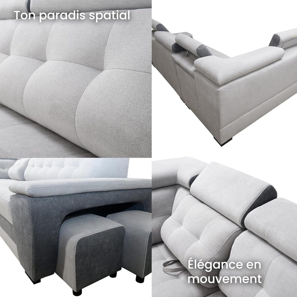 Robin Grand canapé d'angle Convertible avec Coffre de Rangement et Deux tabourets - Canapé d'angle autoportant en Forme de L - Appuie-tête réglables