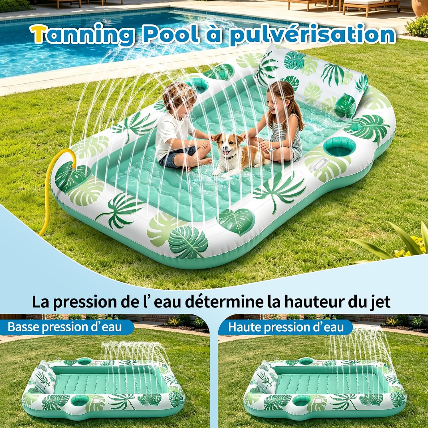 JONRRYIN Matelas Gonflable Piscine 2 Personnes, Tanning Pool avec Fonction Brumisation & Porte-Gobelets, 225×190 cm Grande Île Flottante, Hamac Gonflable pour Piscine et Plage (Vert)