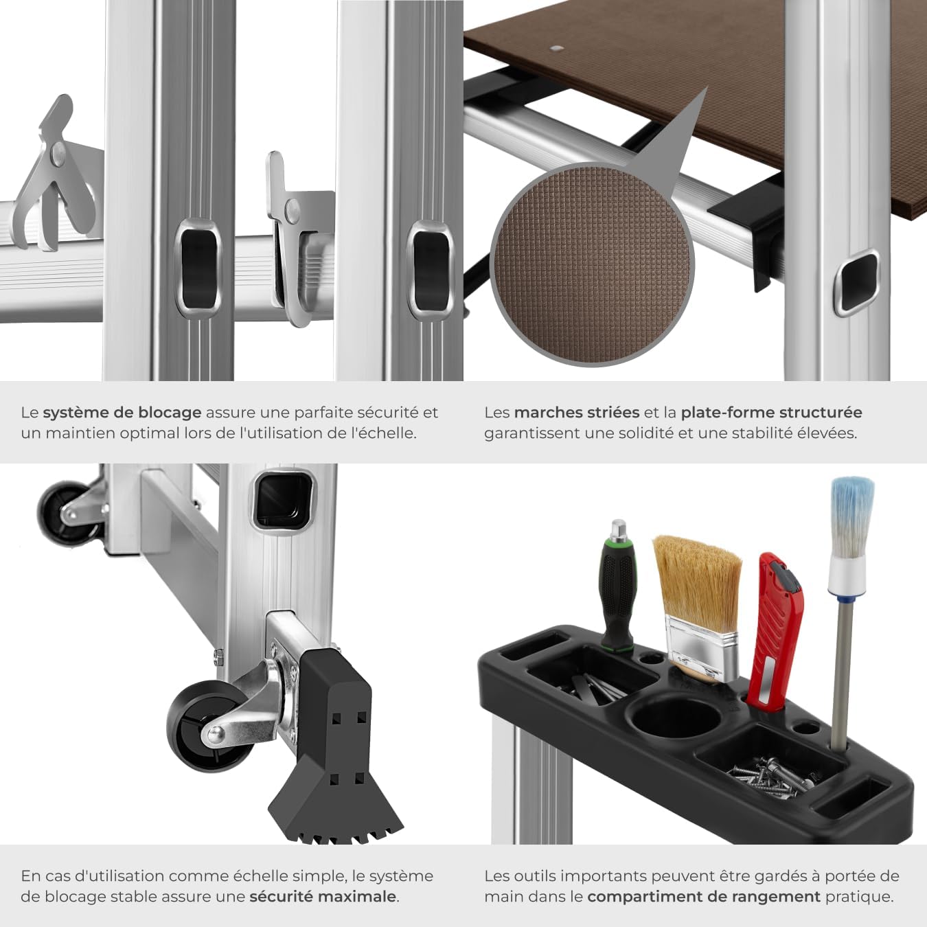 tectake® Échelle Multifonction 3 en 1 Échafaudage Roulant en Acier Plateforme de Travail Antidérapante Échelle Téléscopique Échelle Pliante Escabeau Pliant Bricolage Peinture Toiture