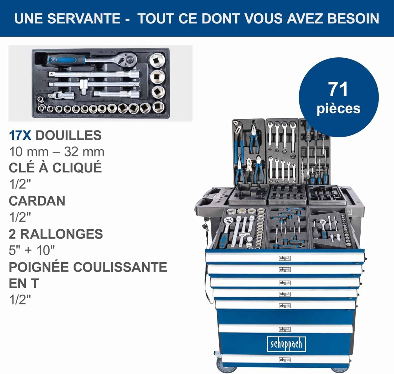 Scheppach Servante d'atelier Toute équipée TW1100-70 Outils - 4 roulettes - verrouillable et Mobile - 7 tiroirs