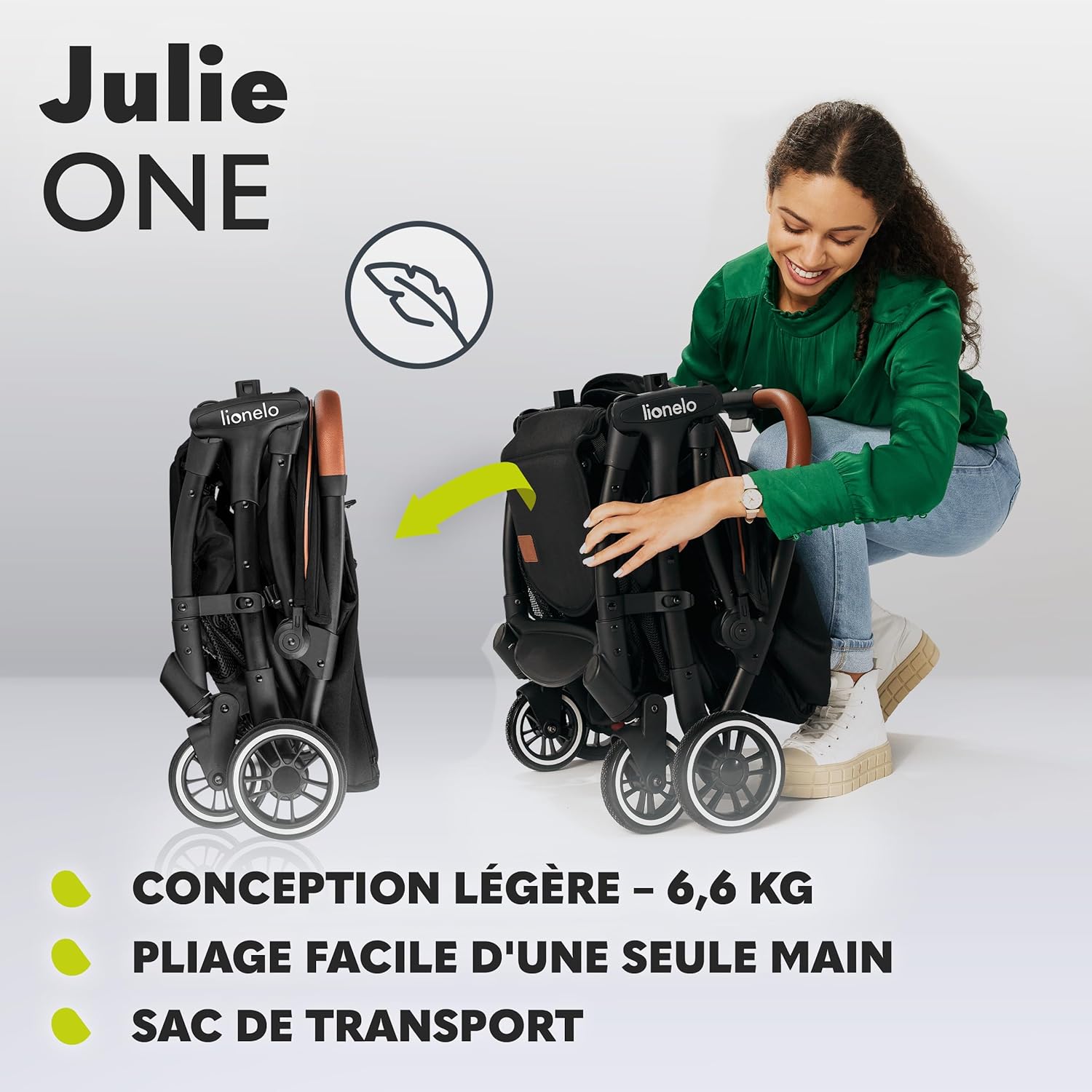 LIONELO Julie One Poussette canne legere Ultra compacte Pliable en un seul geste (0-22 kg), sac de transport, repose-pieds dossier, réglable jusqu'à, moustiquaire